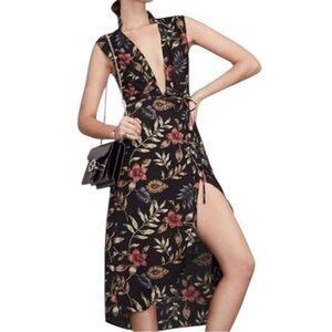 Reformation Jentri Midi High Low Wrap Dress Deep V Sleeveless sz L Dark Floral